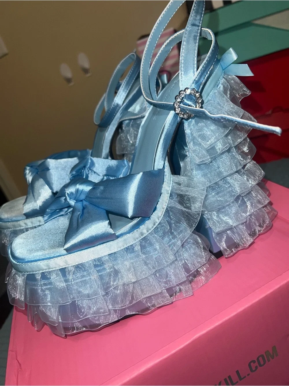 Sugar Thrillz Light Blue Ruffle Platform Heels with Bow